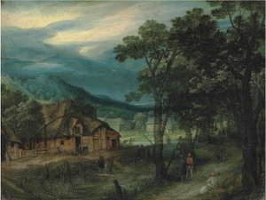 Bir köyün yanında bir yolda yolcuların olduğu ormanlık bir manzara by Adriaen van Stalbemt
